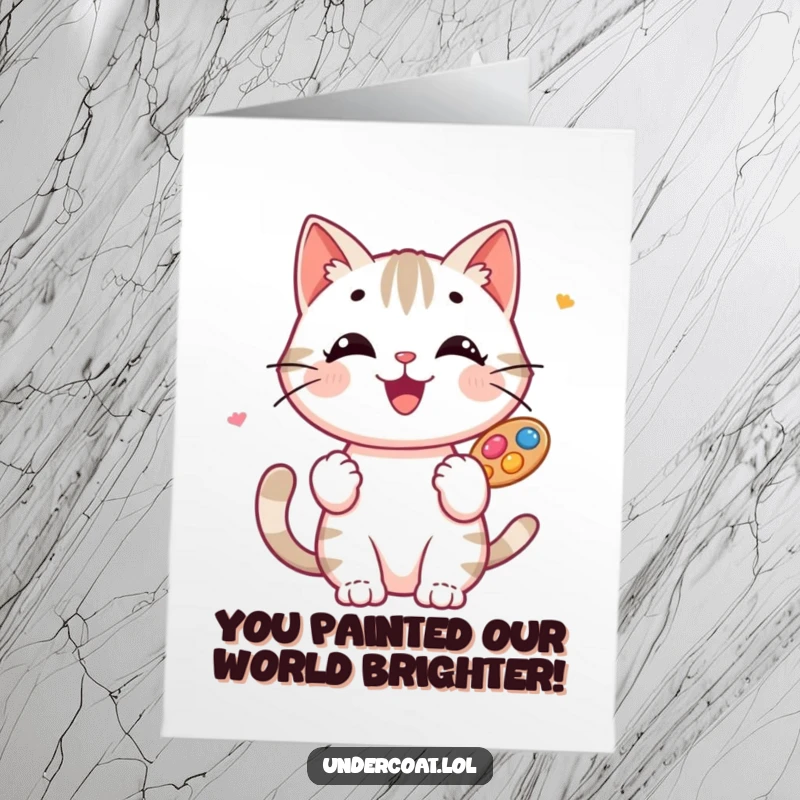 Funny Free Printable Congratulations Card: A joyful cat artist balances a vibrant paint palette, celebrating a new milestone with artistic flair.