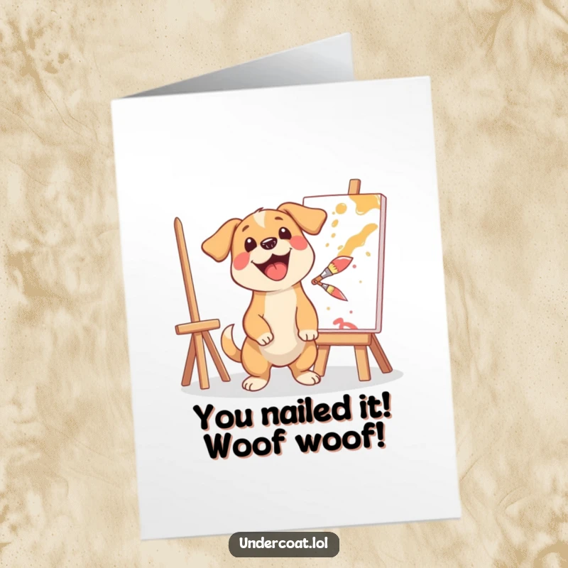 Funny Free Printable Congratulations Card: A happy dog artist excitedly splashes paint onto a canvas in celebration.