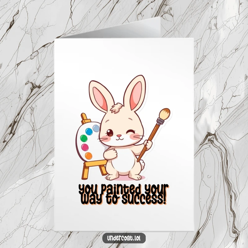 Funny free printable congratulations card: curious bunny artist with paintbrush and palette, celebrating success with artistic flair.