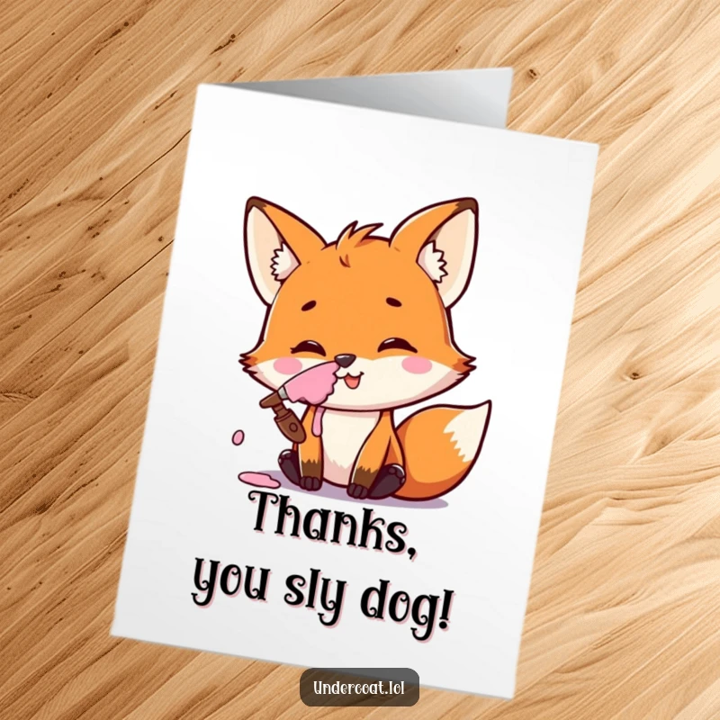 Funny free printable thank you card: a mischievous fox with paint on its nose, smiling and offering thanks.