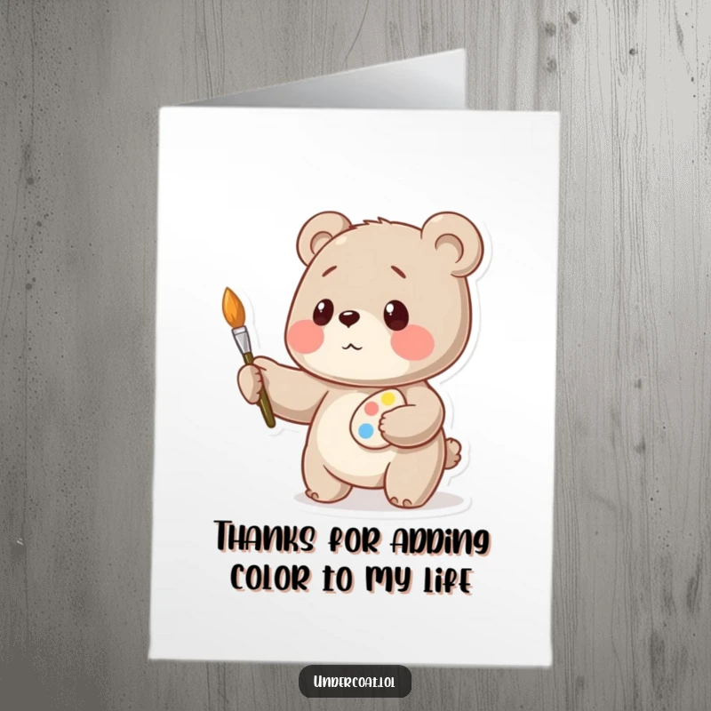 Funny Free Printable Thank You Card: Playful bear artist holding a palette and brush, offering a humorous thank you gesture.