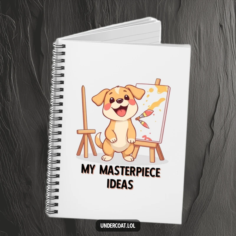 Funny notebook with a happy dog artist excitedly splashing paint, designed for jotting down creative ideas with humorous flair.
