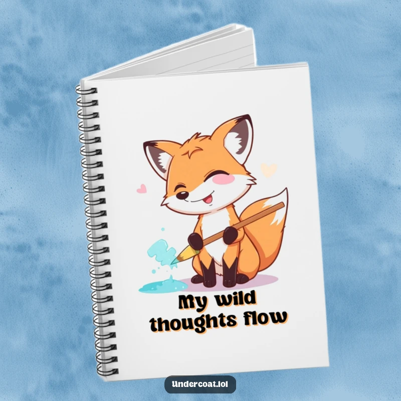Funny Fox Painter Notebook: A giggling fox artist fills a notebook with scribbles, a big brush nearby, ready to capture ideas.