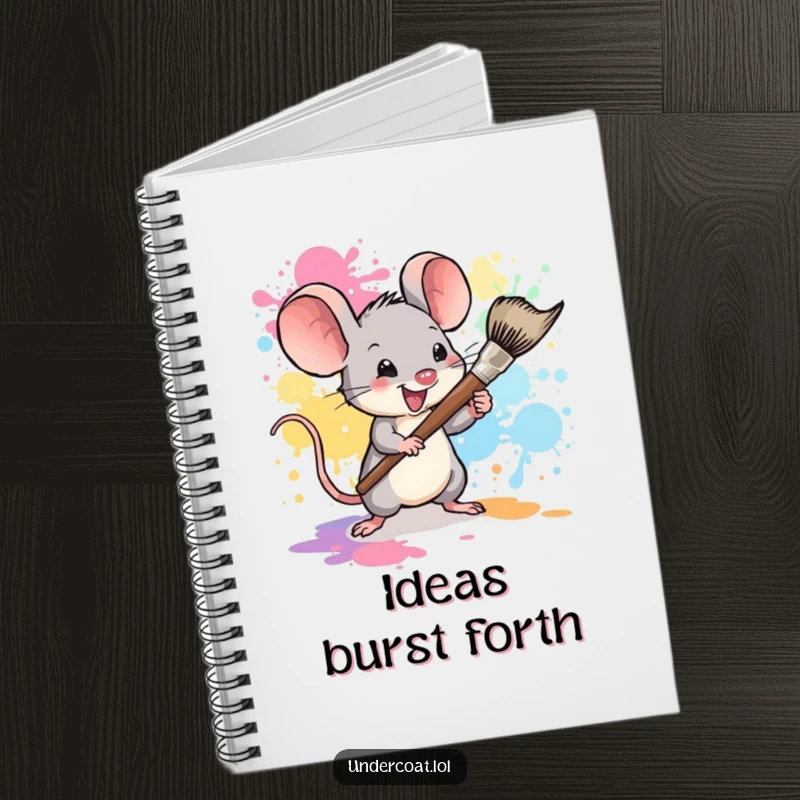 Funny mouse painter notebook, a tiny mouse artist splattering paint, ideal for journaling, sketching, and capturing colorful ideas.
