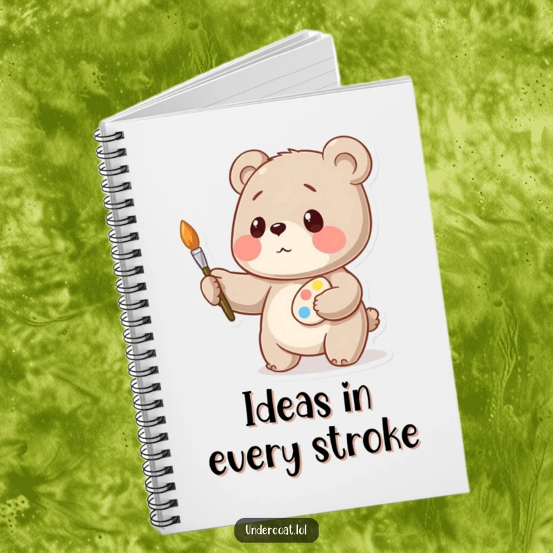 Funny bear artist notebook, a playful bear artist balancing art supplies, ready for journaling and creative writing.