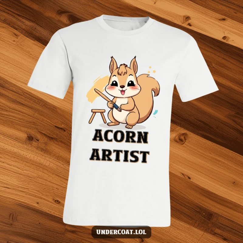Funny T-shirt featuring a cheerful squirrel actively using a paintbrush to create a vibrant stroke, celebrating energetic art creation.