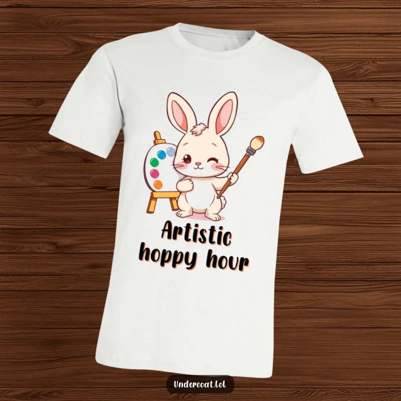 Funny Bunny Artist T-Shirt featuring a curious bunny with a paintbrush and palette, embodying creativity and a love for art.