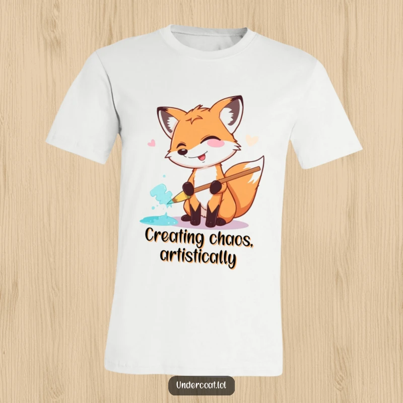 Funny Fox Painter T-Shirt: A mischievous fox laughs heartily as it smears colorful paint with an enormous pastel brush, creating art.
