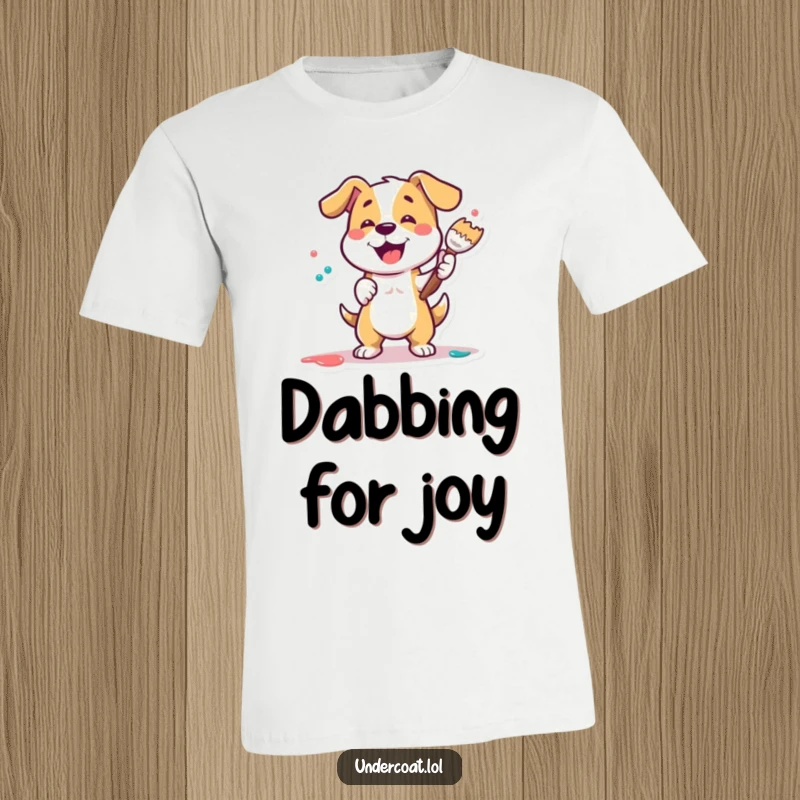 Funny Dog Painter T-Shirt showcasing a playful dog enthusiastically dabbing paint with a large brush, embodying artistic energy.