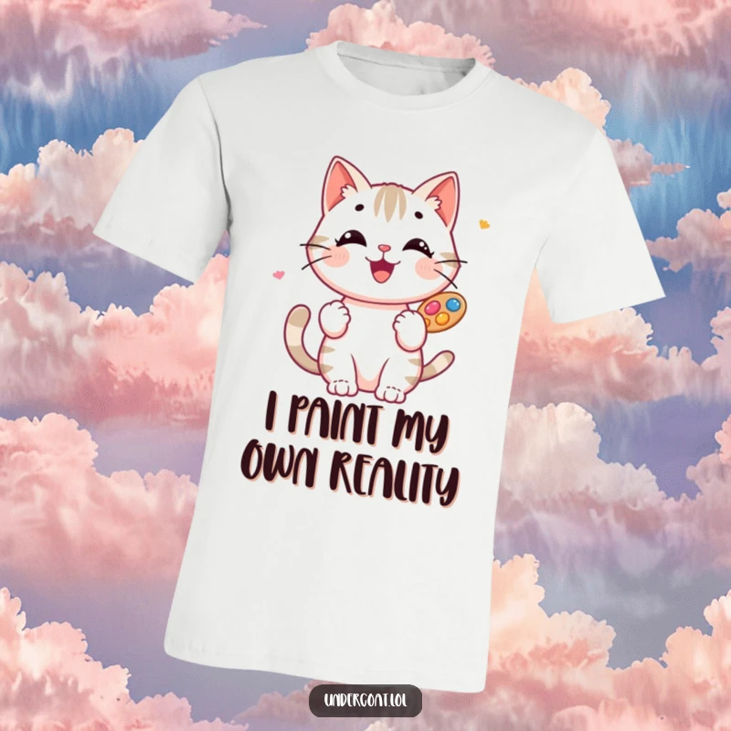 Funny Cat Artist T-Shirt: A cheerful cat artist, full of joy, balances a vibrant palette of paints, looking ready to paint.