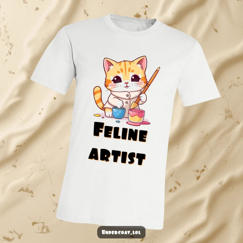 Funny T-shirt featuring a curious cat wearing a smock and dipping a brush into a colorful paint pot, ready for artistic endeavors.
