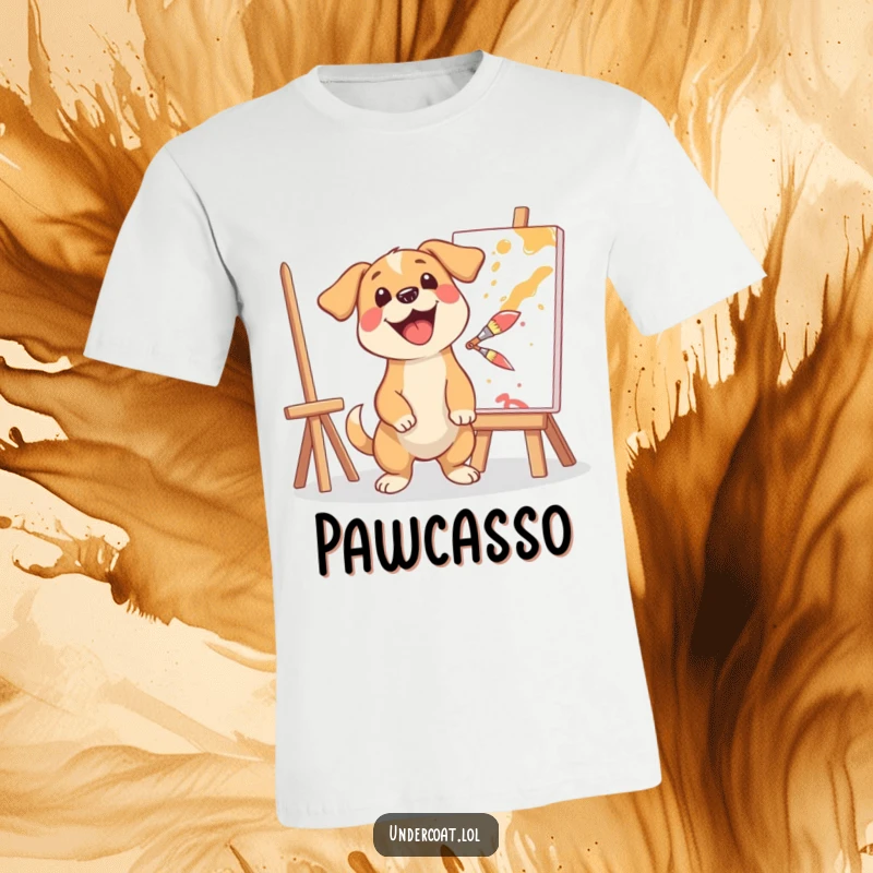 Funny T-shirt featuring a happy dog artist excitedly splashing paint from a brush onto a canvas, celebrating messy creativity.