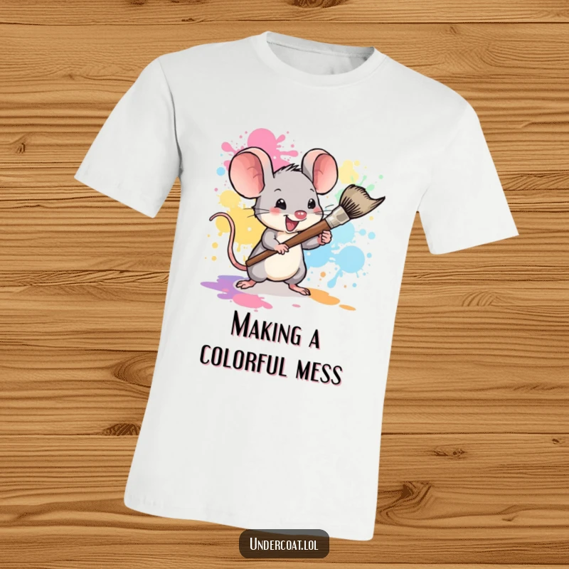 Funny mouse splatter t-shirt, a tiny mouse artist enthusiastically using a huge paintbrush, creating colorful paint splashes.