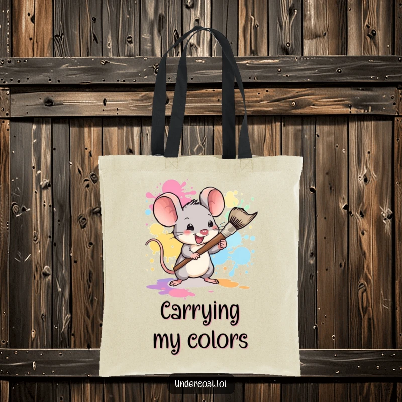 Funny mouse painter tote bag, a tiny mouse artist enthusiastically splattering paint with a giant brush, functional and cute.