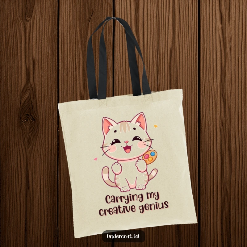 Funny Cat Artist Tote Bag: A happy cat artist smiles while balancing a palette filled with bright, colorful paints, ready for errands.