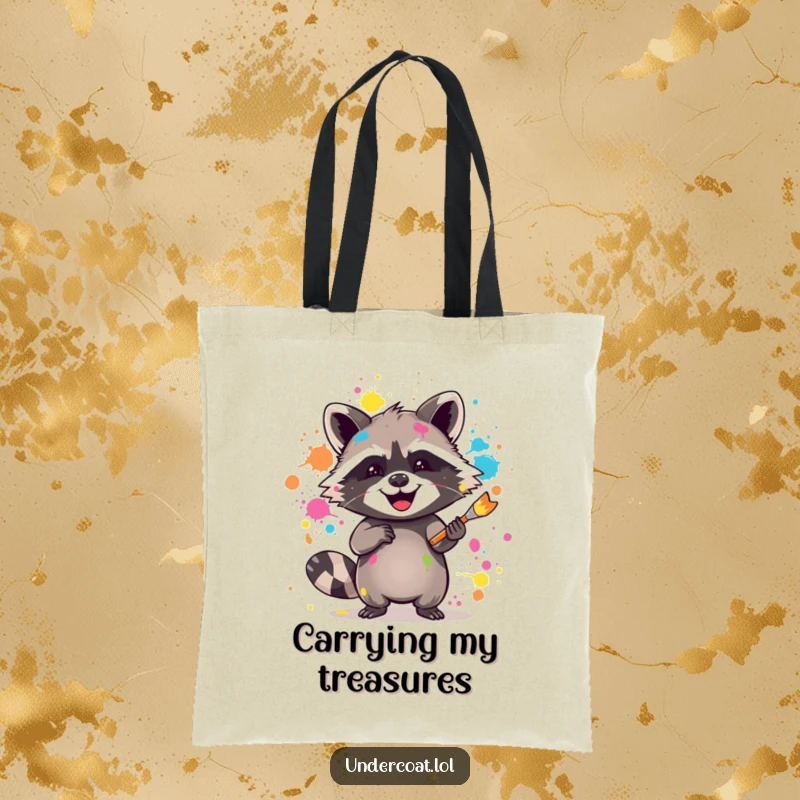 Funny raccoon tote bag featuring a joyful raccoon splattering vibrant paint with a brush, perfect for art supply transport.