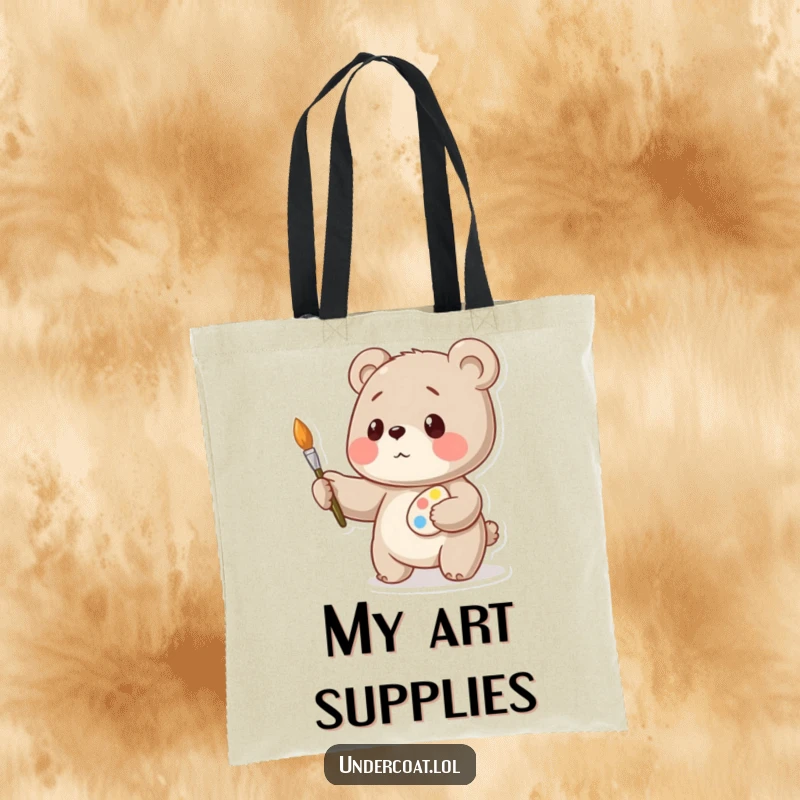 Funny bear artist tote bag, a playful bear meticulously balancing art tools, ready for creative endeavors, practical gift.