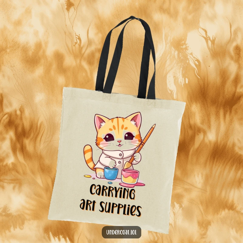 Funny tote bag featuring a curious cat in a smock dipping a brush into a paint pot, perfect for carrying items humorously.