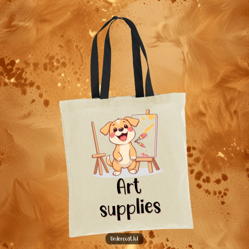 Funny tote bag featuring a happy dog artist splashing paint from a brush onto a canvas, perfect for colorful, humorous errands.