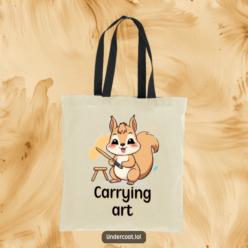 Funny tote bag featuring a cheerful squirrel actively using a paintbrush to create a vibrant stroke, perfect for humorous, artistic journeys.