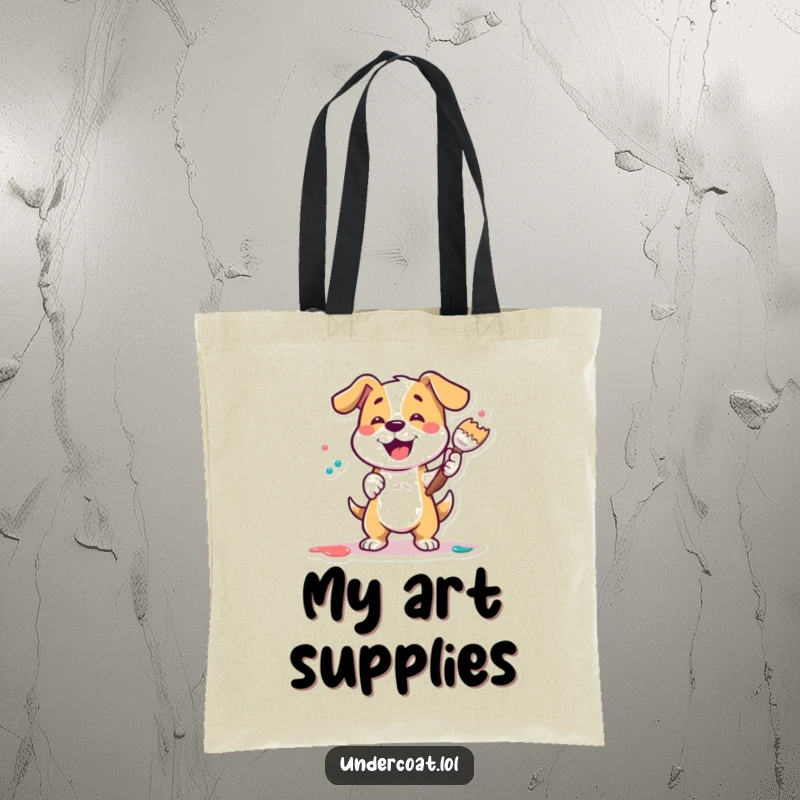 Funny Dog Painter Tote Bag with a playful dog using a large brush to dab paint, perfect for art supplies.